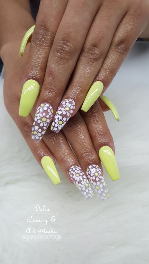 Acrylic nails, coffin shape, long nails, yellow nails, flower design, free-handed flowers Nails Acrylic Purple, Nails Flower Design, Nails Coffin Shape, Coffin Nails Designs Summer, Nail Diamond, Purple Manicure, Coffin Nails Ombre, Nails Flower, Coffin Nails Matte