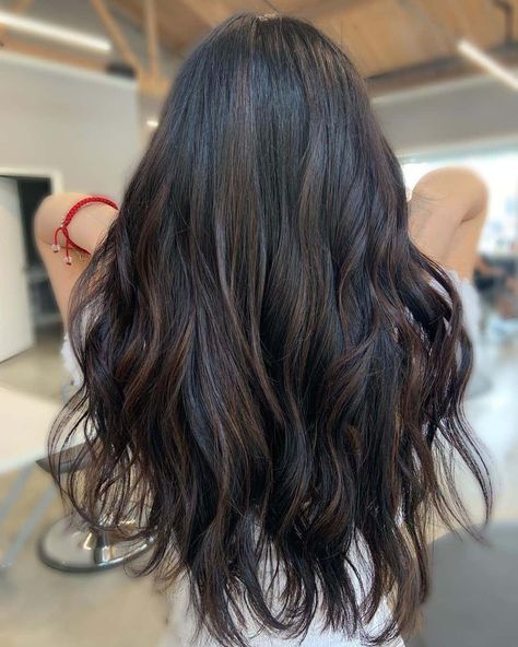 Long & Wavy Balayage For Dark Hair Subtle Balayage Brunette, Asian Hair Highlights, Dark Brunette Balayage, Soft Black Hair, Balyage Long Hair, Dark Brown Hair Balayage, Black Wavy Hair, Fall Hair Color For Brunettes, Black Hair Balayage