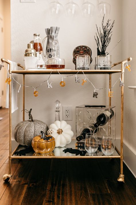 Halloween Bar Cart | Cheers to All My Favorite Witches Fall Bar Cart, Bar Cart Inspo, Halloween Bar Cart, Cheers Witches, Diy Bar Cart, Halloween Bar, Gold Bar Cart, Bar Cart Styling, Cart Decor