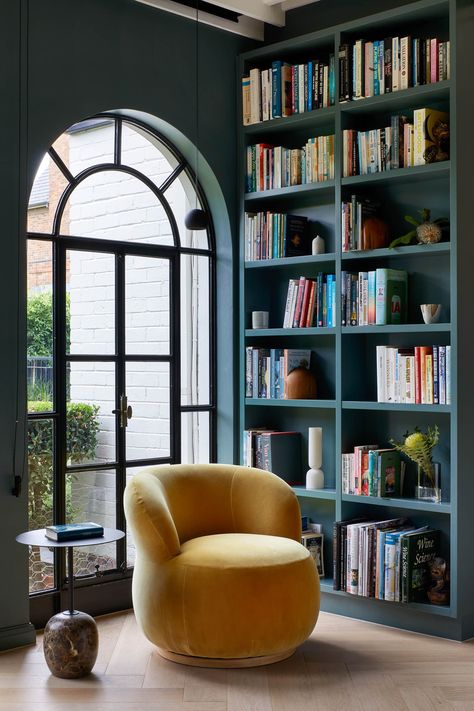 A Jardan chair beneath a Super Modular pendant is a perfect spot to read in the library. #interiordesign #homedesign Haussmann Architecture, Kitchen Color Trends, Melbourne Suburbs, Art Deco Interior Design, Contemporary Home Office, Beautiful Home Designs, Elegant Art, Interior Deco, Art Deco Interior