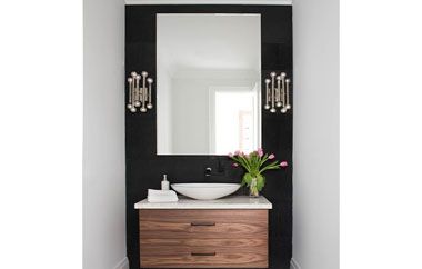 Interior Design Inspiration by Application | Caesarstone® Bathroom Remodel Black, Beadboard Kitchen Cabinets, 1950s Bathroom Remodel, Beadboard Kitchen, Black Cabinets Bathroom, Contemporary Powder Room, Mobile Home Bathroom, Black And White Bathroom, Modern Bathroom Remodel