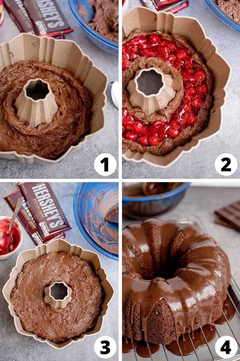 Black Forest Cake in a Bundt Pan Black Bottom Bundt Cake, Black Forest Bundt Cake Recipe, Black Forest Bundt Cake, Friendsgiving Desserts, Chocolate Cherry Bundt Cake, Cake With Cherry Filling, Chanukah Recipes, Cake With Cherry, Black Forrest