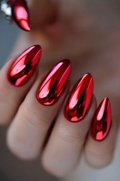 Summer Chrome Nails, Chrome Nail Designs, Nails Metallic, Red Chrome Nails, Summer Nails Ideas, Nails For Summer, Chrome Nail Powder, Chrome Nails Designs, Red Manicure