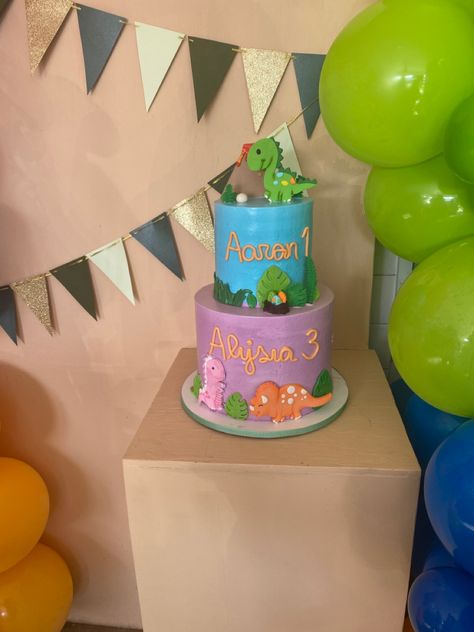 Brother Sister Dinosaur Party, Sibling Birthday Cake, Dinosaur Cakes For Boys, Shared Birthday Parties, Sister Birthday Cake, Dinosaur Birthday Cake, Twins Cake, Dinosaur Birthday Cakes, Anna Birthday