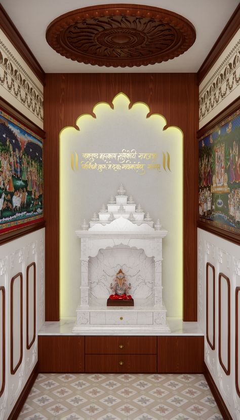 The latest traditional and modern Pooja room designs that are aesthic and vastu complaint. Ideal forr small apartments to bungalows. Pooja Room Pop Ceiling Design, Mandir Room Design, Pooja Room Ideas Indian Traditional, Pooja Room Ideas Indian Modern, Modern Pooja Room, Pooja Room Ideas Indian, Pooja Room Designs, House Reference, Pooja Unit