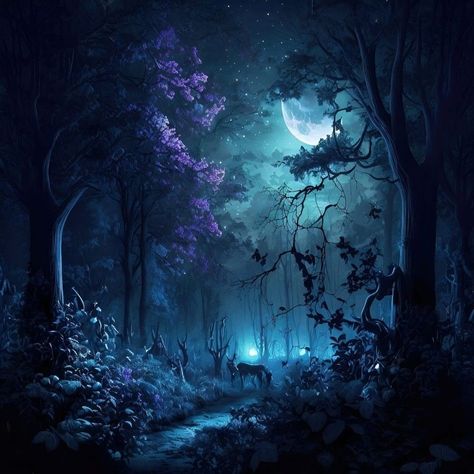 Fantasy Magical Forest, Fantasy Forest At Night, Fantasy Night Forest, Soothing Scenery, Magical Forest Wallpaper, Dark Fantasy Forest, Dark Enchanted Forest, Space Forest, Glowing Forest