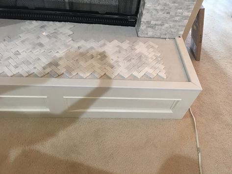 Used some 2 in. X 36 in. White Beveled Marble Threshold w/liquid nails. Marble Threshold, Diy Mantle, Fireplace Renovation, Hearth Fireplace, Mantel Ideas, Penny Round, Fireplace Hearth, Liquid Nails, Fireplace Mantel