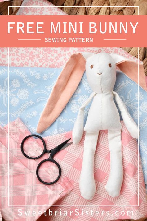 Free rabbit sewing pattern for mini dollhouse size bunny (works great in 1:12 scale doll houses!) Can be sewn on machine or by hand. Pattern includes step by step video tutorial to guide you through the whole process.  Finished 6 inch bunny is perfect for Easter baskets or imaginative play year round. #easterbunny #rabbit #bunny #easterbunny Rabbit Sewing Pattern, Syprosjekter For Nybegynnere, Doll Patterns Free Sewing, Rabbit Sewing, Bunny Sewing Pattern, Bunny Sewing, Hand Pattern, Diy Sy, Mini Bunny