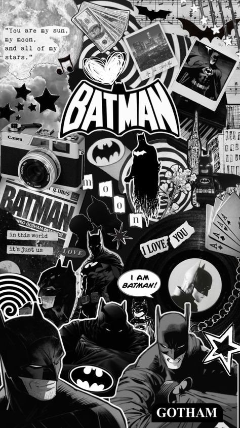 #batman #wallpaper #collage Cartoon Batman Wallpaper, Sigma Batman Wallpaper, Batman Wallpaper Iphone Hd, Batman Collage Wallpaper, Batman Scrapbook, Batman App Icons, Batman Wallpaper Iphone Dark, Batman Asthetics, Batman Wallpapers Aesthetic