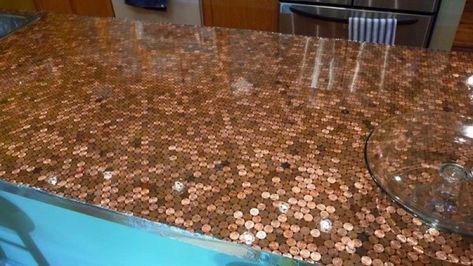 Epoxy Penny Penny Tiles Kitchen, Penny Countertop, Penny Table Tops, Penny Table, Penny Tile, Diy Countertops, Smart Ideas, A Penny, Updating House