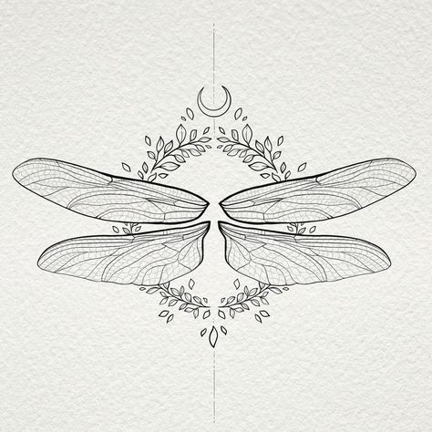 Dragonfly bug insect tattoo art botanical art Dragonfly Botanical Illustration, Firefly Wings Drawing, Dragonfly Wing Tattoo On Back, Dragonfly Wing Back Tattoo, Dragonfly Wings Back Tattoo, Dragon Fly Wings Tattoo, Dragonfly Character Design, Bug Wings Tattoo, Dragonfly Wings Drawing