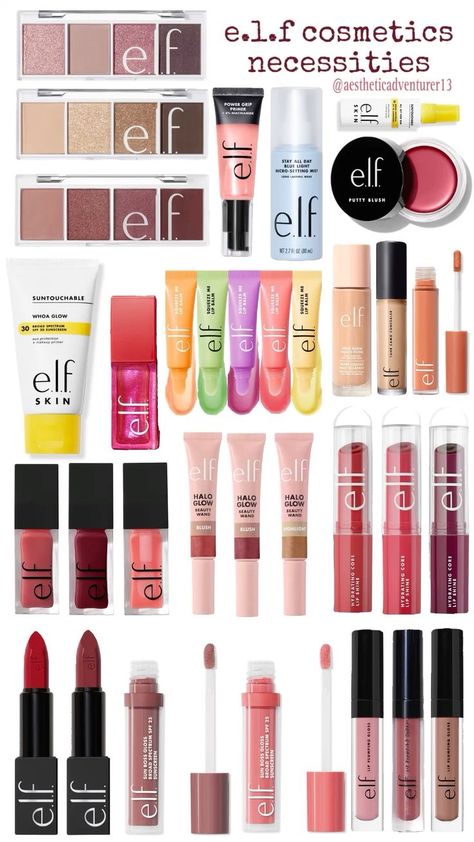 Elf Cosmetics Aesthetic, Elf Aesthetic Makeup, Elf Makeup Aesthetic, Elf Lipgloss, Elf Lipstick, Eyeliner Ideas, Summer Moodboard, Makeup Wishlist, Makeup Face Charts