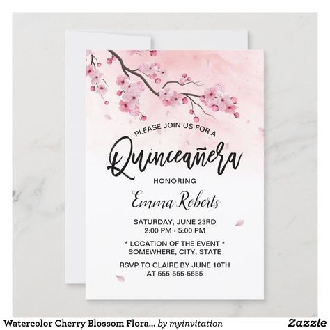 Invitations Quinceanera, Cherry Blossom Theme, Cherry Blossom Watercolor, Quince Decorations, Pink Sakura, Quinceanera Party, Elegant Birthday, Quinceanera Invitations, Watercolor Invitations