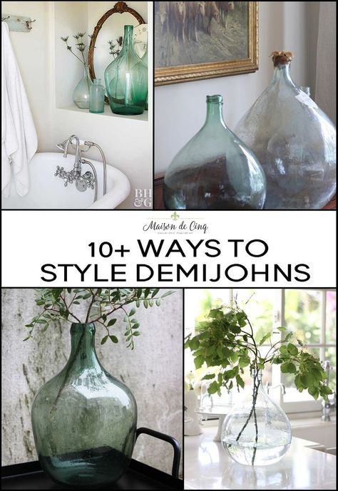 Antique French Demijohns - How to Decorate with Them and Where to Find Them!!---> #maisondecinq demijohn frenchdemijohn antiquedemijohn antiques vintagestyle frenchcountry frenchfarmhouse europeanfarmhouse decoratingideas homedecor homedecorideas interiordecorating interiorstyling Glass Jugs Decor Ideas, Demijohn Ideas, Glass Jugs Decor, Glass Vases Decor Ideas, Oversized Floor Vases, Vintage Bottles Decor, Glass Cloche Decor, Glass Jug Vase, Glass Bottle Decor