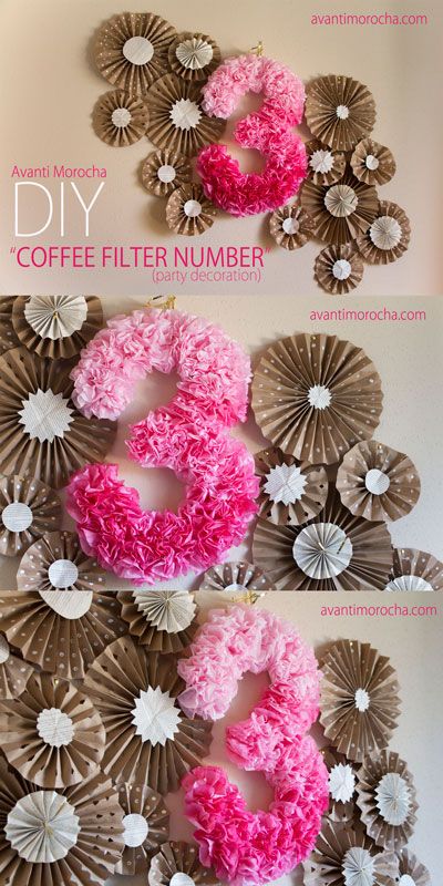 DIY Coffee Filter Number. This is a great Birthday Party Decoration. Backdrop Diy Kids Party Decorations, Diy Kids Party, Deco Ballon, Coffee Filter Crafts, Girl Bedrooms, 90's Birthday Party, Ideas Room, 80th Birthday Party, Foto Tips