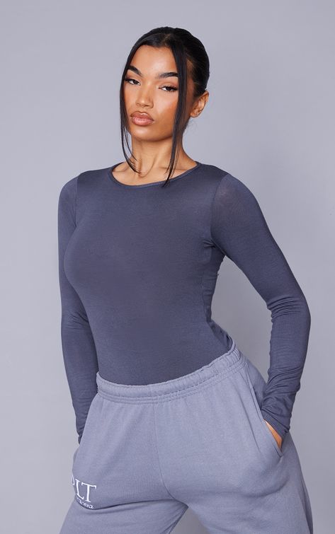 Magazine Shoot, Basic Bodysuit, Shell Suit, Scoop Neck Crop Top, Bodysuit Tops, High Neck Crop Top, Comfy Sweatpants, Blue Bodysuit, Grey Bodysuit