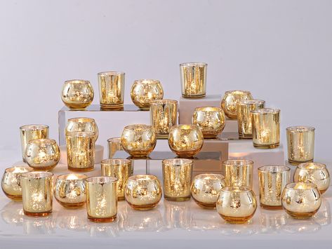 PRICES MAY VARY. 🌺HIGH QUALITY AND 48PCS ASSORTED CANDLE HOLDER🌺 : These charming cute candle holders are made of thick & strong glass, which are durable and not easy to break. Each order will consist of 24pcs 2.16-Inch Speckled Mercury Glass Votives and 24pcs 2-Inch Round Mercury Glass Votives .(Candles Excluded), 🌺CUTE SIZE🌺: The ROUND votive tealight candle holder's is 2ʺ diameter (top) and 2ʺ height approximately, the regular candle holder's size is 2.17ʺ diameter (top) and 2.67ʺ height Gold Votive Candle Holders, Gold Votive Candles, Mercury Glass Candle Holders, Mercury Glass Candles, Mercury Glass Votives, Gold Candle Holders, Gold Wedding Decorations, Cute Candles, Engagement Party Decorations