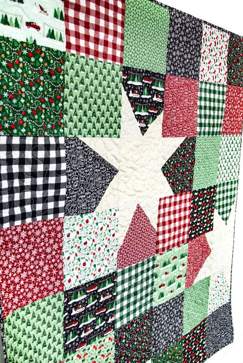 Christmas Traditions – Big Wonky Star Quilt + Tutorial! – Riley Blake Designs Quick Christmas Quilts, Christmas Fabric Quilts, Christmas Star Quilt Pattern, Beginner Christmas Quilt Patterns, Wonky Star Quilt Block, Christmas Scrap Quilts, Christmas Patchwork Quilt, Scrappy Christmas Quilts, Easy Christmas Quilts