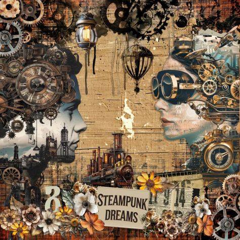 Ann-Sophie, your Steampunk Dreams layout is absolutely mind-blowing! 😍 The way you’ve used the Victorian Visionary collection—those artsy bits, collage, and paper mix—has created a stunning narrative. The intricate details of gears, machinery, and those beautifully contrasting profiles bring the steampunk vibe to life in such a bold and imaginative way. The vintage elements combined with the word art and floral accents add a layer of depth that’s just mesmerizing. You’ve really outdone yourse... Steampunk Graphic Design, Steampunk Collage Art, Steampunk Watercolor, Steampunk Collage, Modern Steampunk, Steampunk Mixed Media Art, Steampunk Scrapbook, Steampunk Mixed Media, Vintage Elements