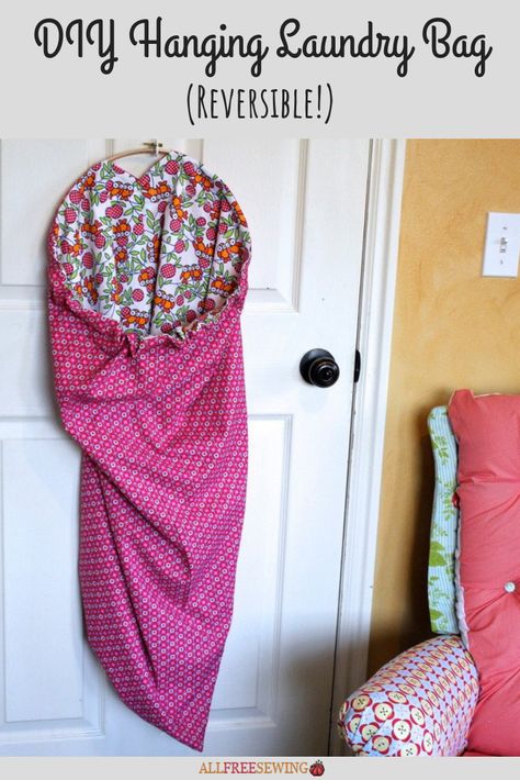 Make your own laundry bag that not only holds your dirty clothes but saves space with its ingenious design. This DIY Hanging Laundry Bag is reversible, hangs anywhere, and collapses! #nationalsewingmonth #nationalsewingmonth2019 Door Laundry Hamper, Laundry Bags Diy, Diy Bath Mats, Hanging Laundry Bag, Diy Laundry Basket, Hanging Laundry, Trendy Sewing Projects, Free Sewing Patterns, Diy Bags Purses