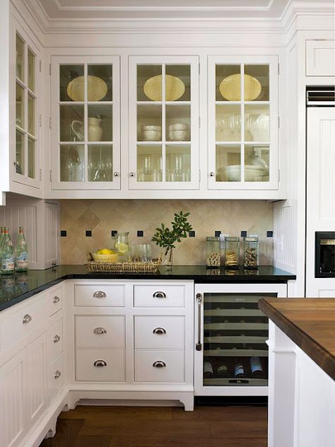 White cabinets, glass upper doors, black granite countertop, butcher block island, tile backsplash...TRUE LOVE V Cabinets With Glass Doors, Upper Kitchen Cabinets, Herringbone Backsplash, White Kitchen Design, Diy Kitchen Cabinets, Style Deco, Kitchen Redo, Trendy Kitchen, White Kitchen Cabinets