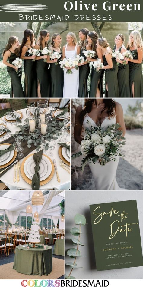 Olive Wedding Color Palette, Dark Olive Green Wedding Theme, Dark Olive Wedding Colors, October Wedding Ideas Green, Fern Green Wedding Theme, October Wedding Green, Rustic White And Green Wedding, Green Wedding Theme Receptions, Olive Boho Wedding