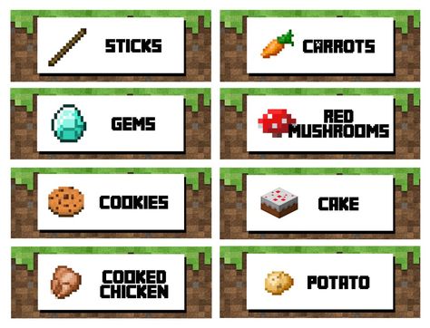 Minecraft Printable Food Labels Minecraft Food Labels Free, Minecraft Food Printables, Minecraft Food Tent Cards, Minecraft Food Tents, Birthday Bookmarks, Free Printable Minecraft, Minecraft Printables Free, Minecraft Party Food, Minecraft Party Printables