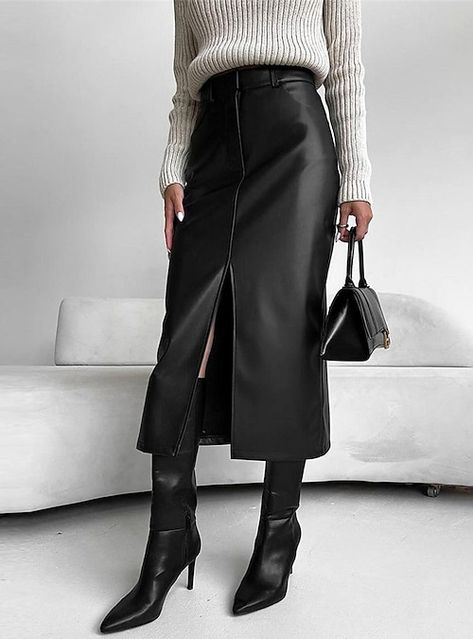 Leather Skirt Long Outfit, Faux Leather Midi Skirt Outfits, Black Leather Maxi Skirt Outfit, Fitted Skirt Outfits, Long Leather Skirt Outfit Winter, Leather Long Skirt Outfit, Black Midi Leather Skirt, Black Leather Midi Skirt Outfit, Long Black Leather Skirt