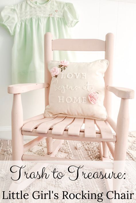 Childs Rocking Chair Makeover, Pastel Rocking Chair, Painted Rocking Chair Ideas Nursery, Mini Rocking Chair Diy, Childs Rocking Chair Redo Ideas, Painted Childs Rocking Chair, Vintage Rocking Chair Nursery, Baby Girl Horse Nursery, Kids Rocking Chair Makeover