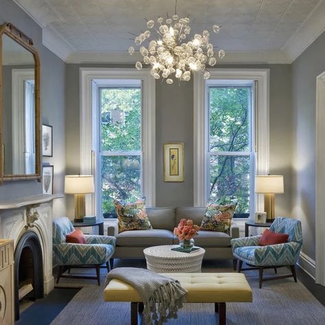 Orange Blue And Gray Color Palette - Photos & Ideas | Houzz Coventry Gray Benjamin Moore, Benjamin Moore Living Room, Coventry Gray, Living Room New York, Grey Color Palette, Transitional Living Rooms, Colorful Rug, Photos Ideas, Benjamin Moore