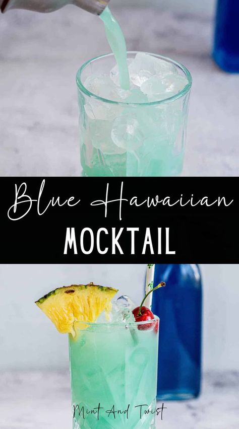 This Blue Hawaiian mocktail combines cream of coconut with a blue Curaçao syrup and pineapple juice. Blue Hawaiian Mocktail, Hawaiian Mocktail, Blue Mocktail, Pina Colada Mocktail, Easy Mocktails, Mocktail Bar, Mocktail Drinks, Cream Of Coconut, Punch Cocktails