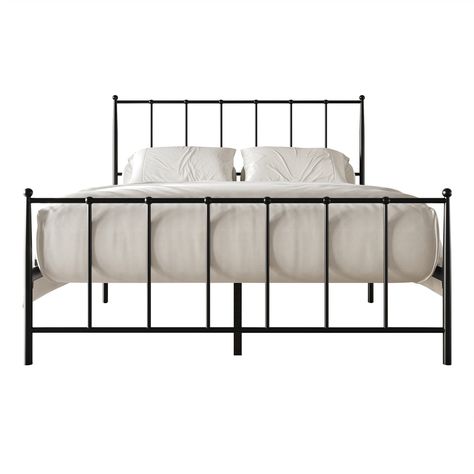 Enhance your bedroom with our vintage-inspired bed frame, boasting a charming spindle design. Elegant ball finials adorn both the headboard and footboard, elevating your space with timeless sophistication. Black Wire Bed Frame, Black Iron Beds, Minimalist Bed Frame, Spindle Design, Monochrome Decor, Iron Bed Frame, Minimalist Bed, House Updates, Beds And Headboards