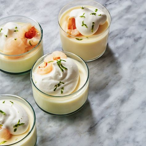 Lime Custards With Lychees Recipe | Epicurious Lime Custard, Passover Recipes Dessert, Passover Desserts, Lemon Bar, Frosé, Light Desserts, Coconut Macaroons, Sweet Tarts, Fresh Lime Juice