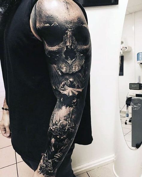 50 3D Sleeve Tattoos For Men - Three Dimensional Design Ideas Voll Arm-tattoos, Skull Sleeve Tattoos, Skull Sleeve, Tattoo Trend, Geniale Tattoos, Horror Tattoo, Skull Tattoo Design, Best Sleeve Tattoos, Badass Tattoos