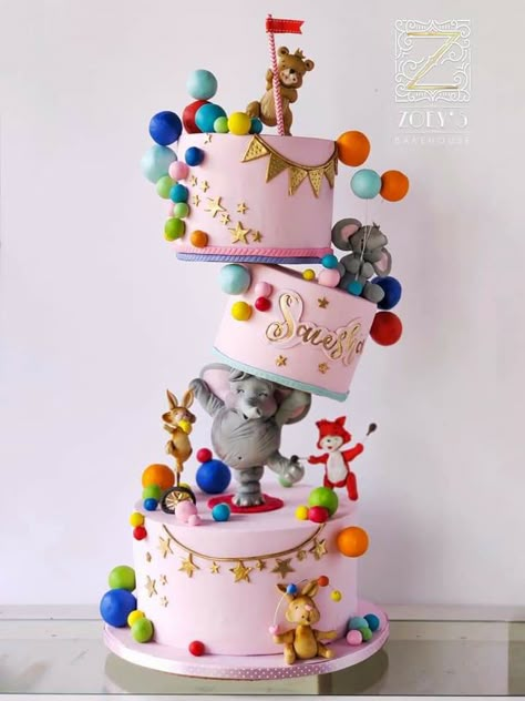 Gravity Cake Ideas, Carnival Themed Cakes, Carnival Birthday Cakes, 1st Year Cake, Anti Gravity Cake, Extravagant Wedding Cakes, Dummy Cake, Gravity Defying Cake