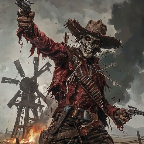 From dust-laden tales where the tumbleweeds roll, emerges the gunslinger with an undead soul. 🤠💀🔫 #darkcowboy #undeadoutlaw #westernhorror #gunfightergothic #wildwestphantom #hauntedfrontier #spookyshootout #cowboyoftheapocalypse #westernmythos #ghosttowngunslinger #sinistercowboy #wickedwest #supernaturalshowdown #dreadfuldesperado #mysticalwestern #demonicdueler #darkwestern #macabrewest #gunslingerghost #terrifyingtales #horrorwestern #fantasywestern #cowboycurse #outlawodyssey #legendoft... Undead Gunslinger, Undead Cowboy, Deadlands Rpg, Dark Cowboy, Dark Western, The Gunslinger, Skeleton Cowboy, Cowboy Stuff, Western Artwork