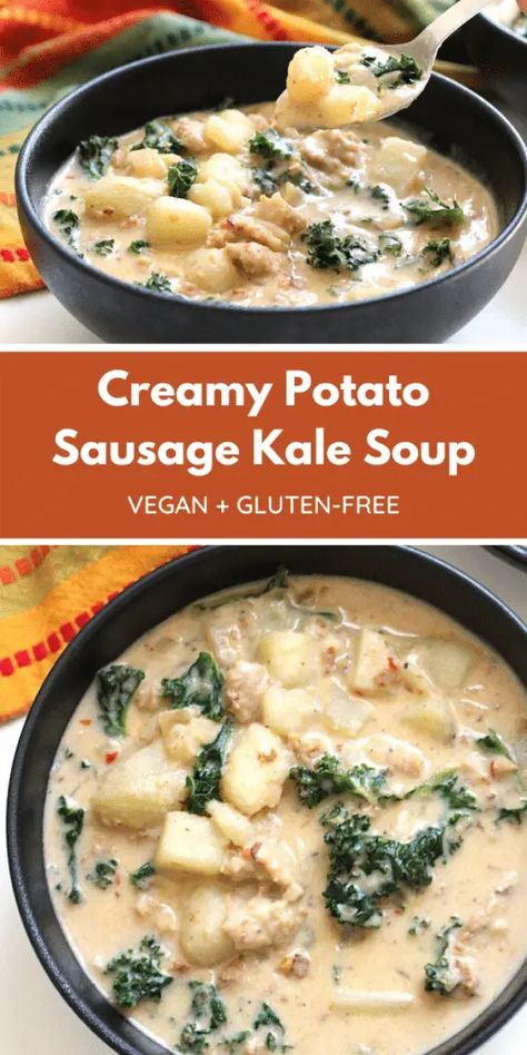 Creamy Potato Sausage Kale Soup Vegan GF - The Vegan Harvest Vegan Sausage Potato Soup, Potato Kale Soup Vegetarian, Potato Kale Recipes, Vegan Sausage Soup, Vegan Sausage Casserole, Vegan Gf Soup, Plant Based Winter Recipes, Potato Sausage Kale Soup, Kale Soup Vegetarian