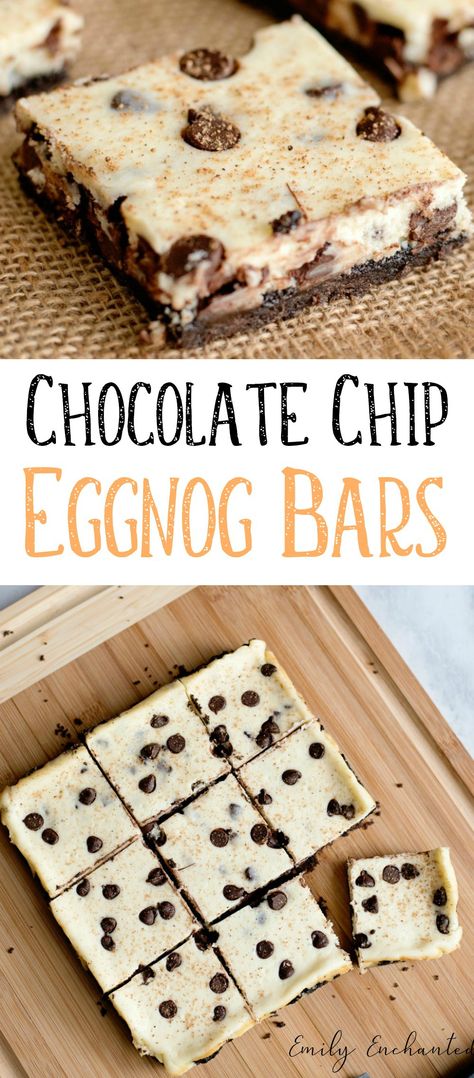 Chocolate Chip Eggnog Bars with Nutmeg, Christmas Dessert | #christmas #eggnog #dessert #chocolate Eggnog Brownies, Eggnog Bars, Eggnog Desserts, Emily Enchanted, Eggnog Dessert, Eggnog Recipes, Christmas Eggnog, Dessert Christmas, Bbq Desserts