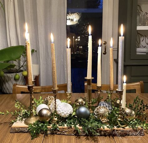 Tablescape With Candles, Taper Candle Centerpiece, Brass Candle Sticks, Gold Taper Candles, Christmas Candle Centerpiece, Candlestick Centerpiece, Holiday Tablescape, Candle Stick Decor, Candle Centerpiece