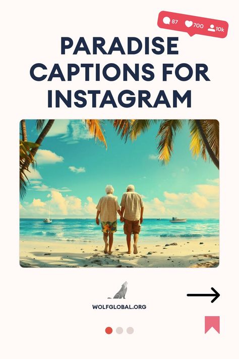 Elderly couple holding hands on a tropical beach, with a graphic overlay about Instagram captions.
Graphic with a list of tropical-themed phrases such as "Sunkissed & sea-blessed," each with a corresponding emoji.
A woman smiling at a laptop surrounded by social media icons, advertising an Instagram engagement pod. Paradise Quotes, One Word Caption, Instagram Captions For Selfies, Insta Quotes, Jungle Vibes, Selfie Captions, Aesthetic Captions, Perfect Captions, Ig Captions