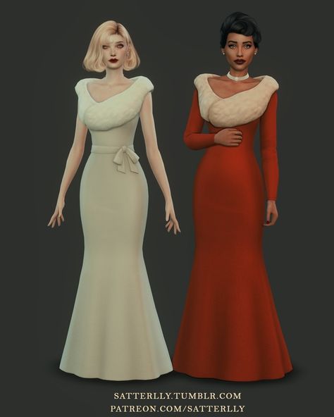 Elegant dress with fur - Monroe | Patreon Sims 4 Wedges Cc, Sims 4 Vintage Glamour, Dress With Fur, Different Body Sizes, Sims Stories, Sims 4 Family, Rich Clothes, Outfit Looks, Sims 4 Dresses