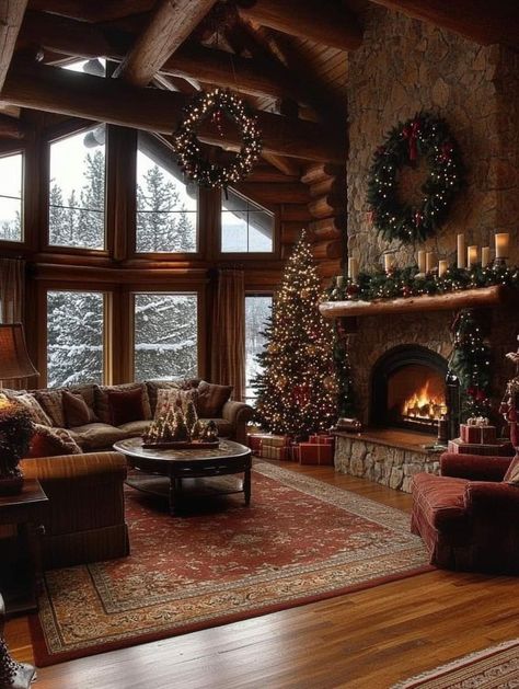 Old Cabin Interior, Cozy Cabin Bedrooms, Lodge Christmas Decor, Lodge Christmas, Classy Christmas Decor, Christmas Lodge, Living Place, Cabin Christmas, Classy Christmas