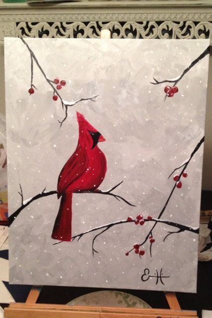 Christmas Paintings Easy, Red Bird Painting, Xmas Paintings, Diy Christmas Light Decorations, Cardinal Painting, Easy Bird, Paintings Easy, Diy Christmas Lights, Silver Christmas Decorations