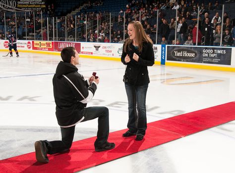 Nothing is better than seeing a happy couple engaged at Citizens Business Bank Arena! Hockey Wedding Photos, Hockey Wedding Theme, Hockey Engagement Photos, Hockey Couple, Game Couple, Engagement Theme, Hockey Wedding, Boyfriend Things, Hockey Wife