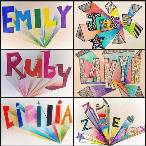 Osage Trail Middle School ART on Instagram: “One-Point Perspective Names 🤩 This is a great intro project for perspective and middle schoolers love drawing their own name 😂 On the left…” Name Art Projects, Intermediate Art, School Art Activities, Name Drawings, Middle School Art Projects, 6th Grade Art, Art Teaching, Child Art, Magazine Collage