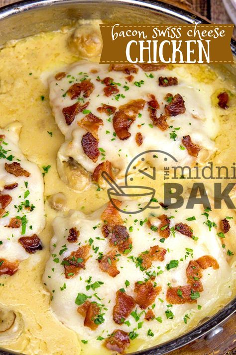 Swiss Cheese Chicken, Swiss Cheese Recipes, Swiss Recipes, Bacon Stuffed Mushrooms, Cheese Chicken, Healthy Recipes Easy Snacks, Chicken Main Dishes, Healthy Snacks Easy, Penne Pasta