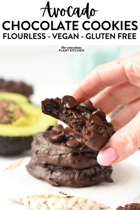 Conscious Plant Kitchen, Avocado Cookies, Gluten Free Chocolate Cookies, Flourless Chocolate Cookies, Vegan Cookies Recipes, Plant Kitchen, Fudge Cookies, Avocado Chocolate, Vegan Snack