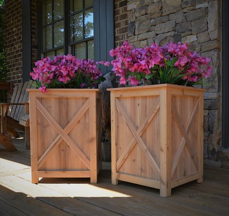 "Large Farmhouse Style 100% solid cedar. This planter is built to last for many years. Since it's solid cedar, it is insect and weather resistant. This planter has an enclosed bottom so it can be used to hold pots, Christmas trees or be filled with soil. My boxes differ in construction from the others you see online. Top measures 18\"x18\" and the height is about 24\". This is a seriously good deal since the online stores sell plain cedar boxes for over $500 each. Message me and I can build as m Wood Planters Outdoor, Planter Boxes Diy, Rental Updates, Cedar Farmhouse, Cedar Planter Boxes, Tall Planter Boxes, Large Wooden Planters, Farmhouse Planter, Planter Box Plans