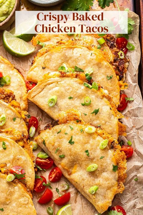 These crispy, oven baked chicken tacos will be a hit for taco night! Made with corn tortillas, a flavorful ground chicken taco filling, and cheese. They’re great for an easy weeknight dinner the whole family will enjoy! Mexican Food With Chicken, Baked Chicken Tacos Oven, Chicken Taco Bake, Cheesy Chicken Tacos, Chicken Taco Filling, Oven Baked Corn, Chicken Breast Tacos, Baked Corn Tortillas, Oven Baked Chicken Tacos