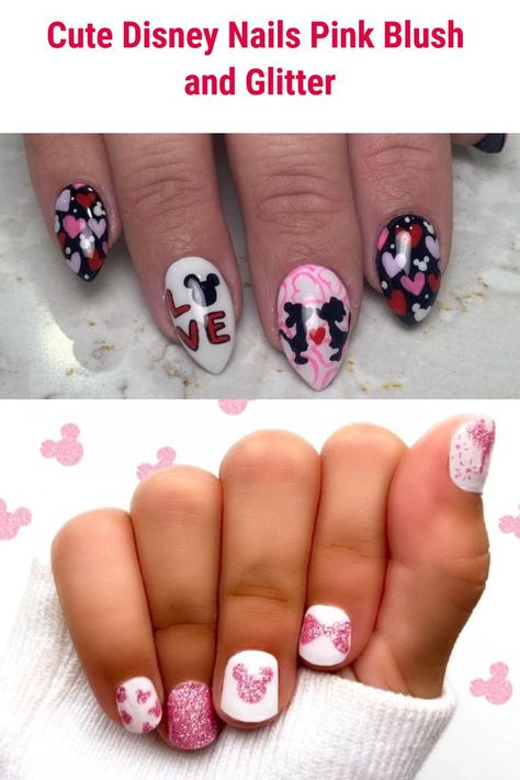 Cute Disney Nails, Pink Blush and Glitter, short nails, cute nails ideas, pink short nails, Disney Themed Nails Acrylic Short, Disney Short Nails, Disney Nails Pink, Simple Disney Nails Short, Simple Disney Nail Designs, Pink Disney Nails, Minnie Mouse Nail Designs, Disney Nails Short, Subtle Disney Nails